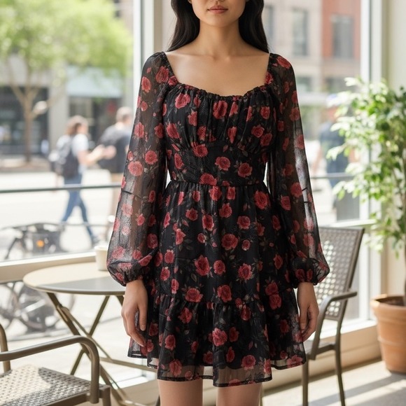 NWT Floral Rose Print Long Sleeve Mini Dress Black Red Elegant - Picture 1 of 4